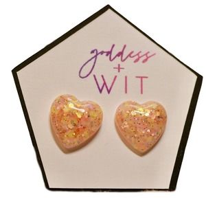 Goddess + Wit Peach Bellini Heart Earrings NEW NWT Glitter Stud Earrings